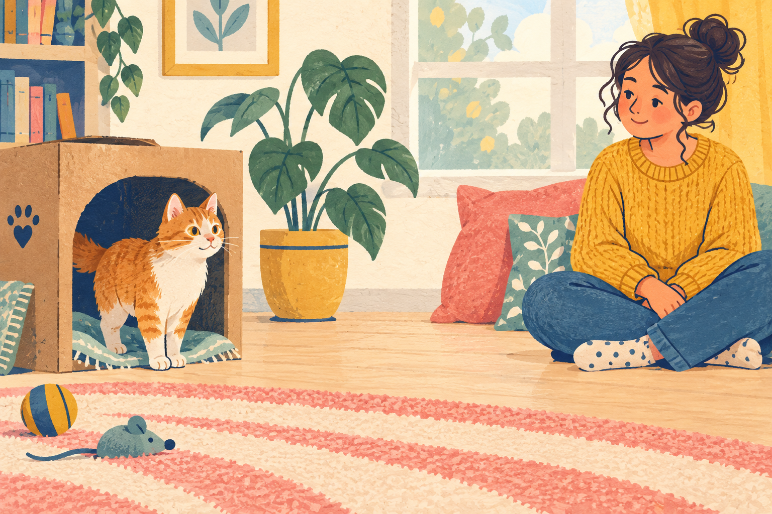 Illustration of a cat free to leave its cardboard hideaway, with a calm adult sitting a comfortable distance away.