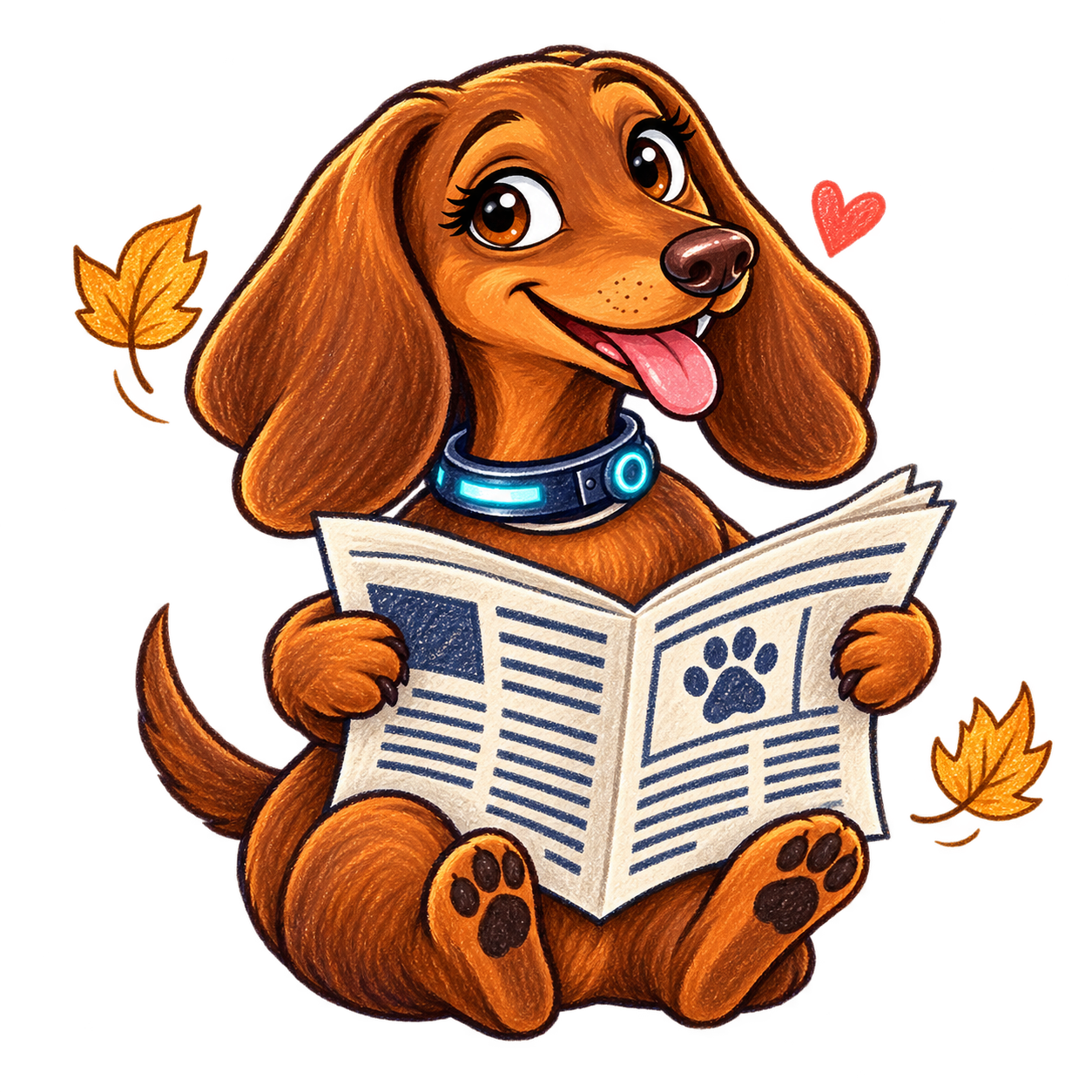 Coco reads the happy pet news, with a heart and autumn leaves around her.