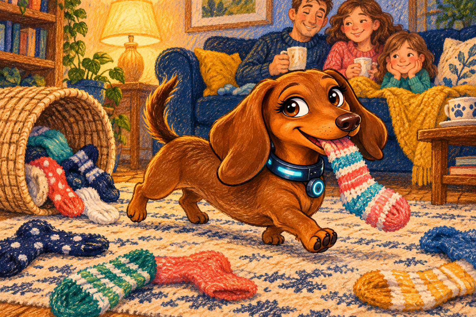 Crayon illustration of Coco carrying a striped sock past an overturned laundry basket while her family relaxes on the sofa.