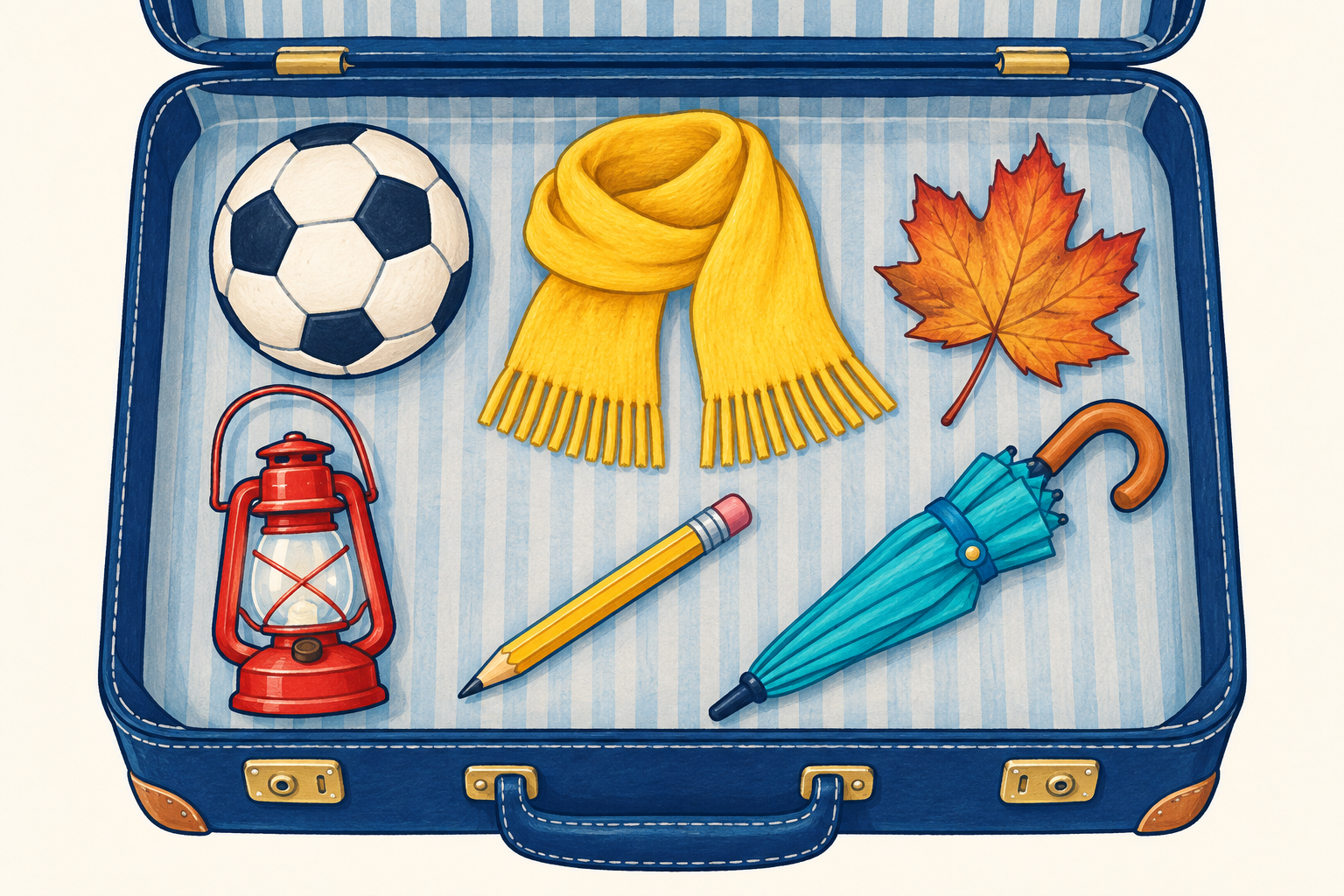 Inside a suitcase: a football, a yellow scarf, an autumn leaf, a red lantern, a pencil and a turquoise umbrella.