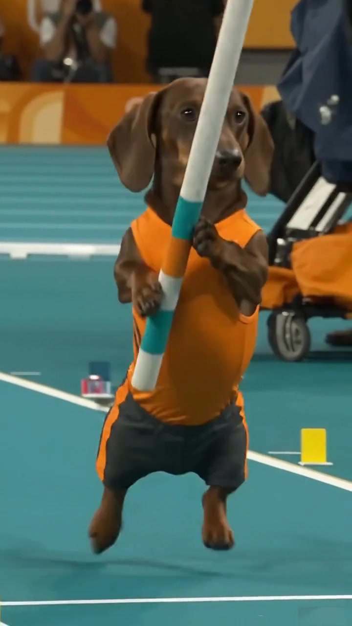 The selected TikTok’s cover: a dachshund in an orange sports outfit holding a pole in a stadium.